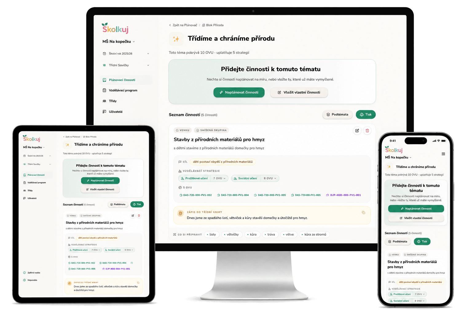 Školkuj otevřený na počítači, tabletu a mobilu se stejnou přípravou