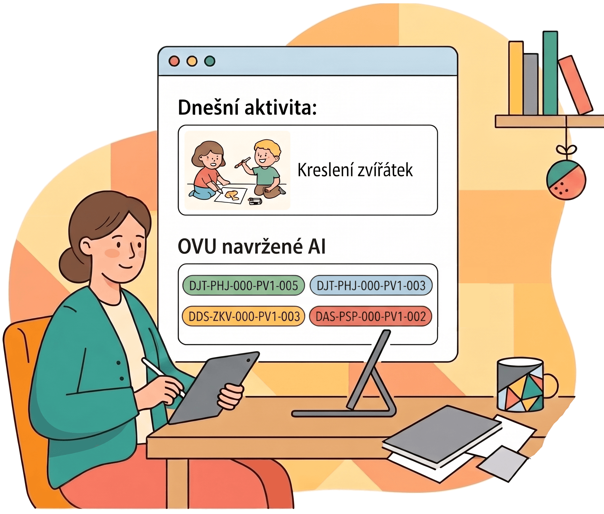 Ilustrace učitelky za stolem přeplněným papíry a dokumenty s kódy RVP PV